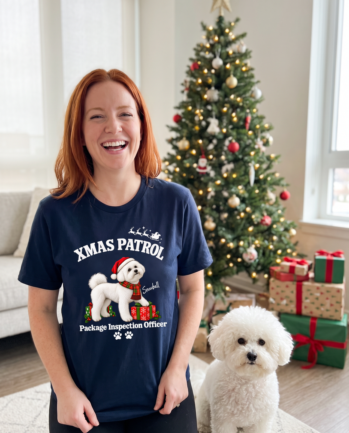 Xmas Patrol unisex tee in Navy with a custom Bichon Frise design | Alpha Paw