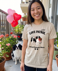 Load image into Gallery viewer, Love Patrol unisex tee in Heather Sand Dune with a custom Japanese Chin design | Alpha Paw

