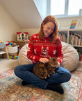 Load image into Gallery viewer, Custom Pet Knitted Holiday Sweater - Fireside Red - worn at home with a custom Toyger cat portrait named TIGGER | Alpha Paw
