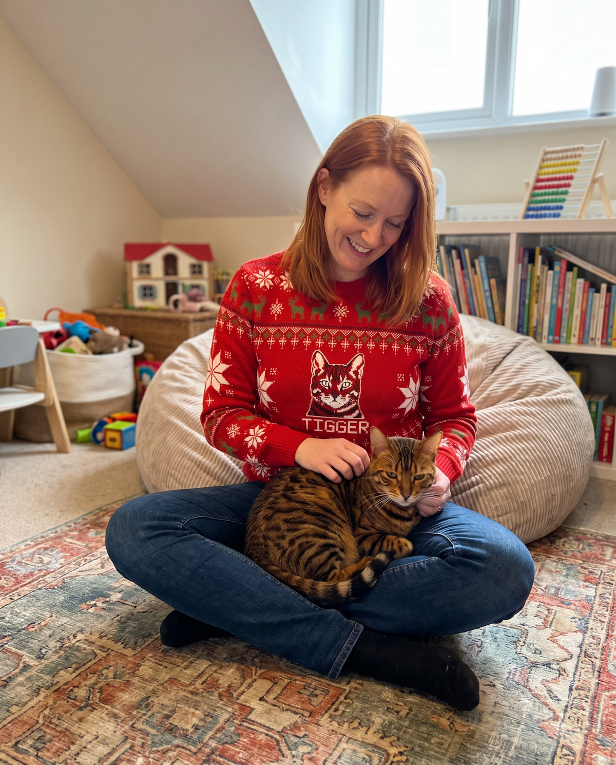 Custom Pet Knitted Holiday Sweater - Fireside Red - worn at home with a custom Toyger cat portrait named TIGGER | Alpha Paw