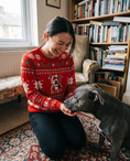 Load image into Gallery viewer, Custom Pet Knitted Holiday Sweater - Fireside Red - worn at home with a custom Staffordshire Bull Terrier portrait named BLUEY | Alpha Paw
