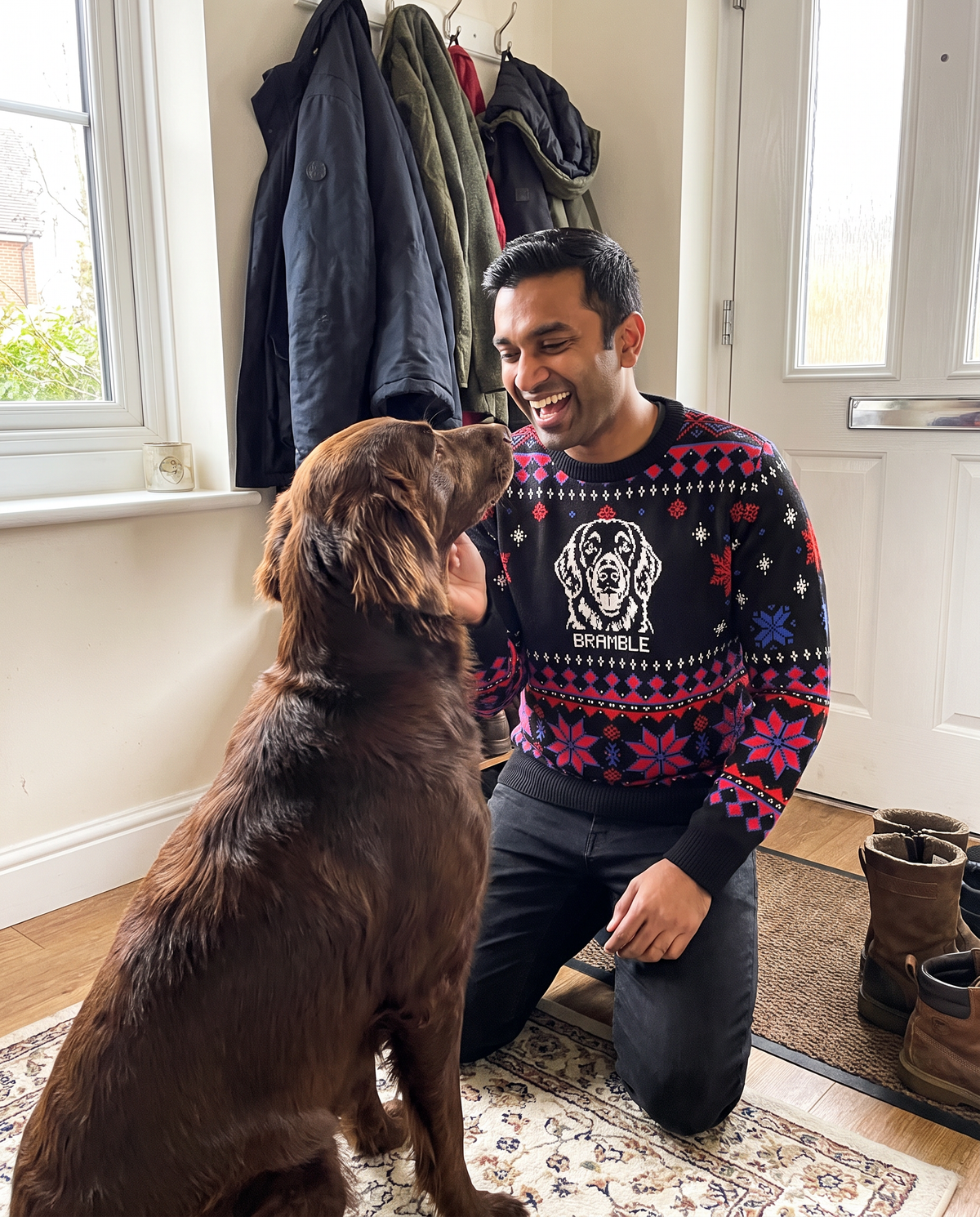 Custom Pet Knitted Holiday Sweater - Night Before Christmas - worn at home with a custom Flat-Coated Retriever portrait named BRAMBLE | Alpha Paw