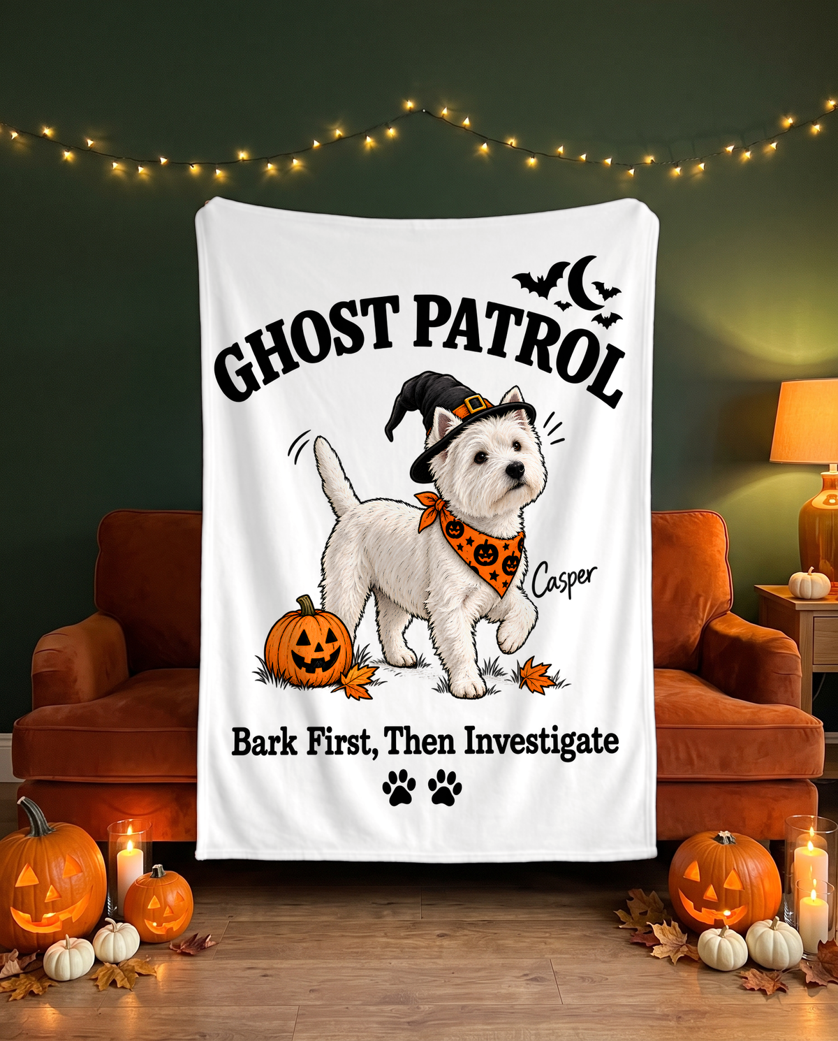 Ghost Patrol blanket with a custom West Highland White Terrier design | Alpha Paw