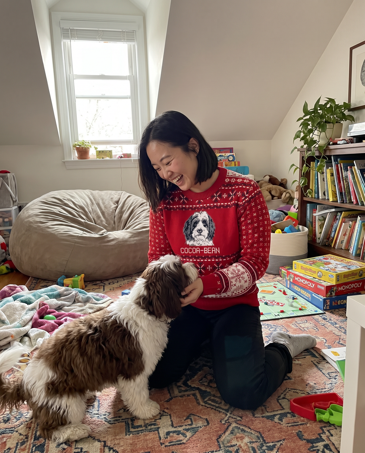 Custom Pet Knitted Holiday Sweater - Candy Cane Red - worn at home with a custom Havanese portrait named COCOA-BEAN | Alpha Paw