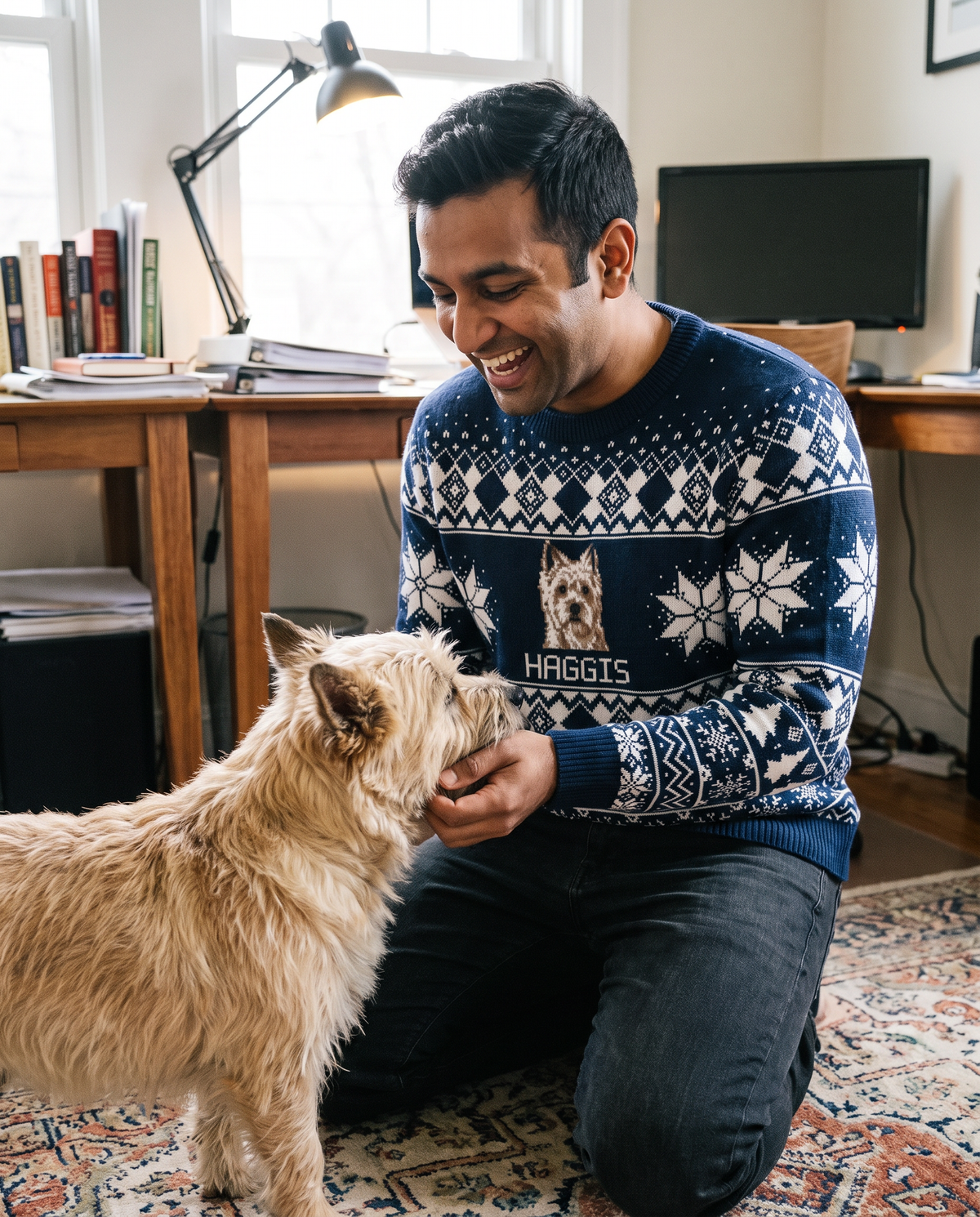 Custom Pet Knitted Holiday Sweater - Winter Sky Blue - worn at home with a custom Cairn Terrier portrait named HAGGIS | Alpha Paw