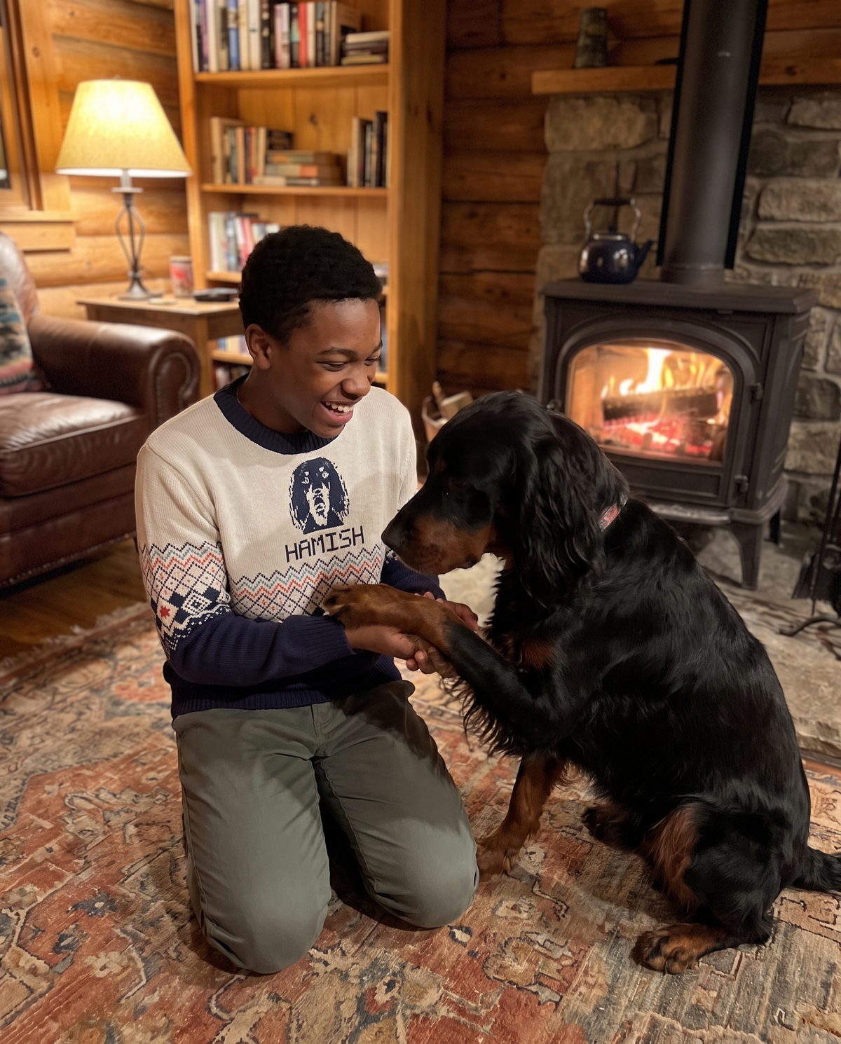 Custom Pet Knitted Holiday Sweater - Arctic Dream Blue - worn at home with a custom Gordon Setter portrait named HAMISH | Alpha Paw