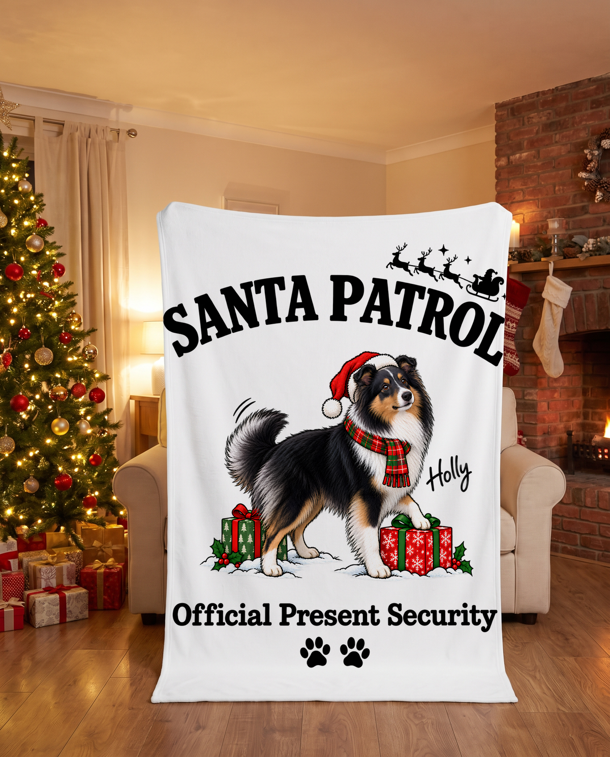 Santa Patrol Present Security blanket with a custom Shetland Sheepdog design | Alpha Paw