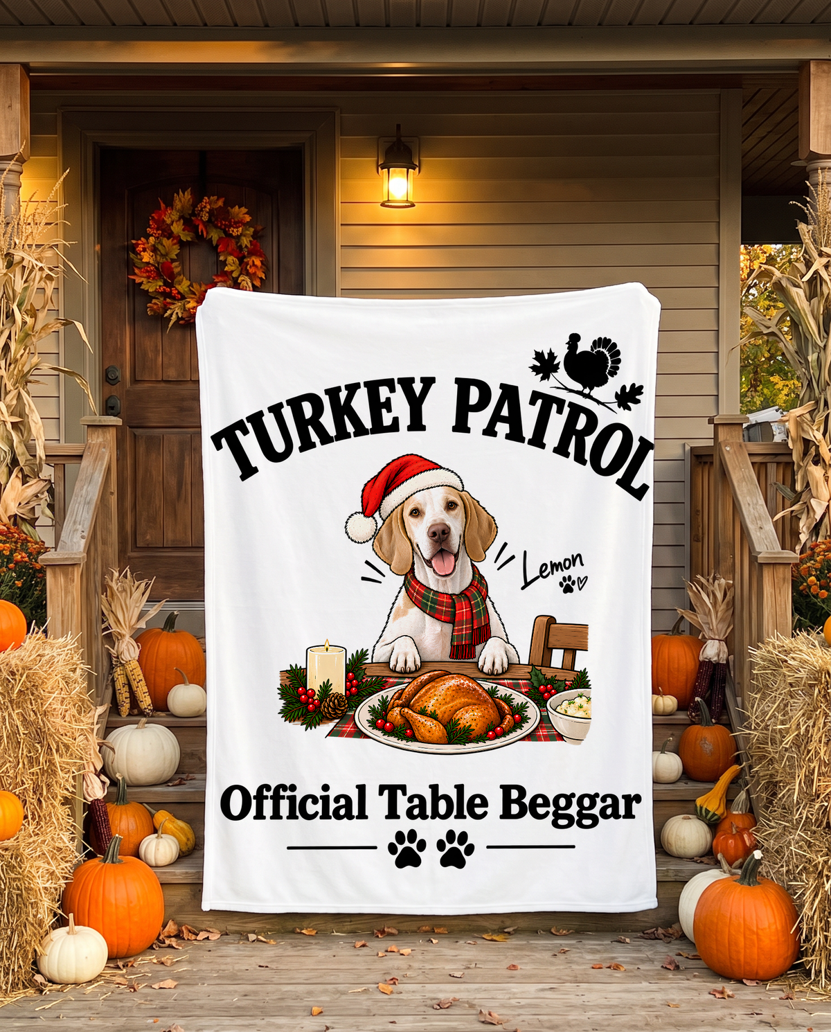 Turkey Patrol Table Beggar blanket with a custom English Pointer design | Alpha Paw