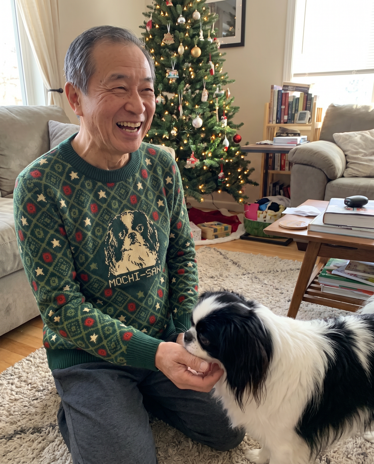Custom Pet Knitted Holiday Sweater - Evergreen Classic - worn at home with a custom Japanese Chin portrait named MOCHI-SAN | Alpha Paw