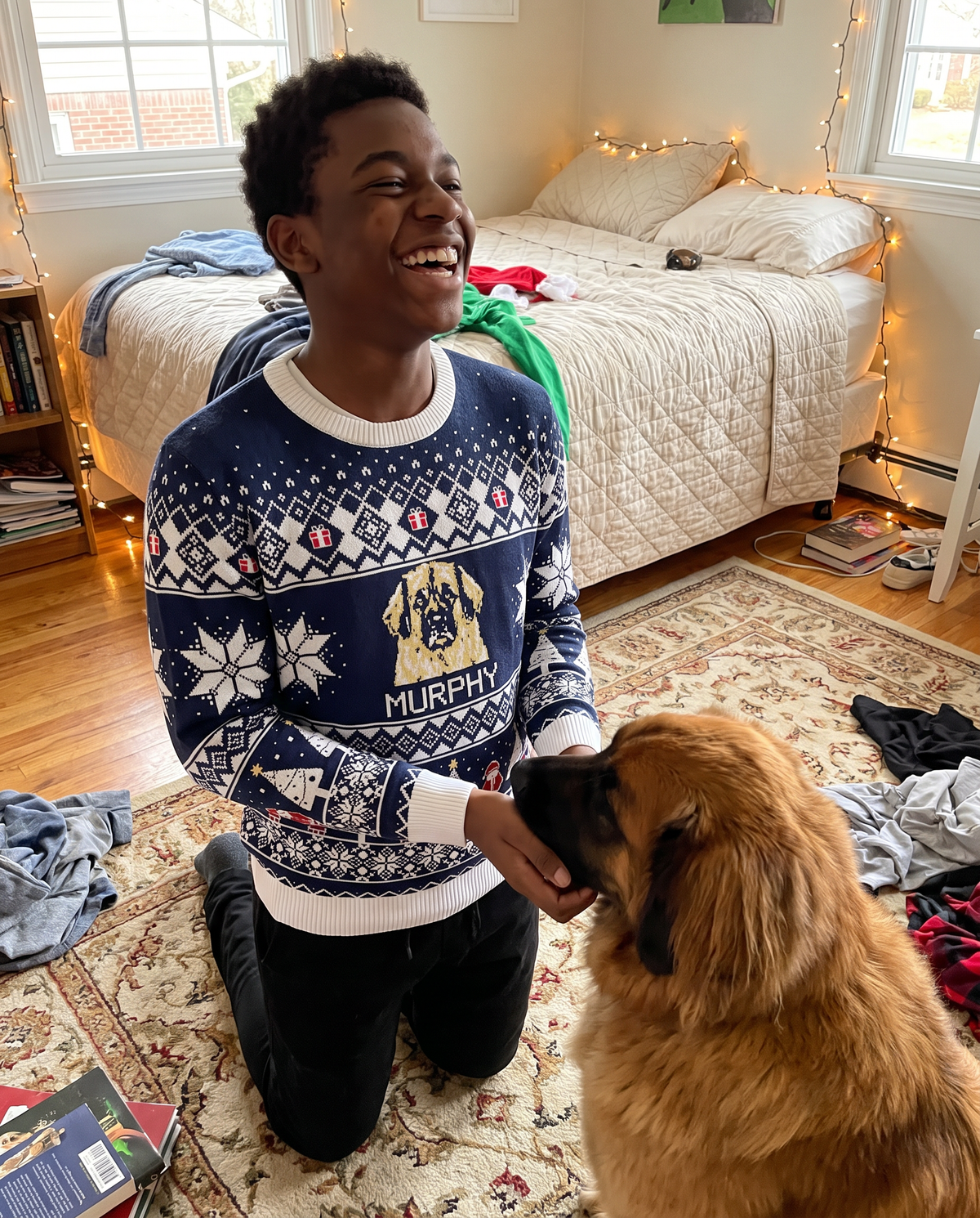 Custom Pet Knitted Holiday Sweater - Snowflake Navy - worn at home with a custom Leonberger portrait named MURPHY | Alpha Paw