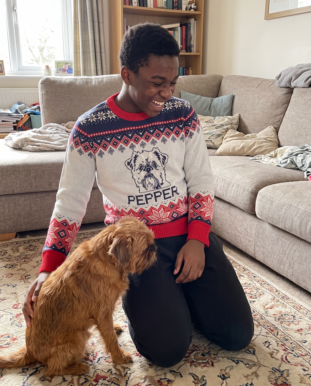 Custom Pet Knitted Holiday Sweater - Polar Express - worn at home with a custom Brussels Griffon portrait named PEPPER | Alpha Paw