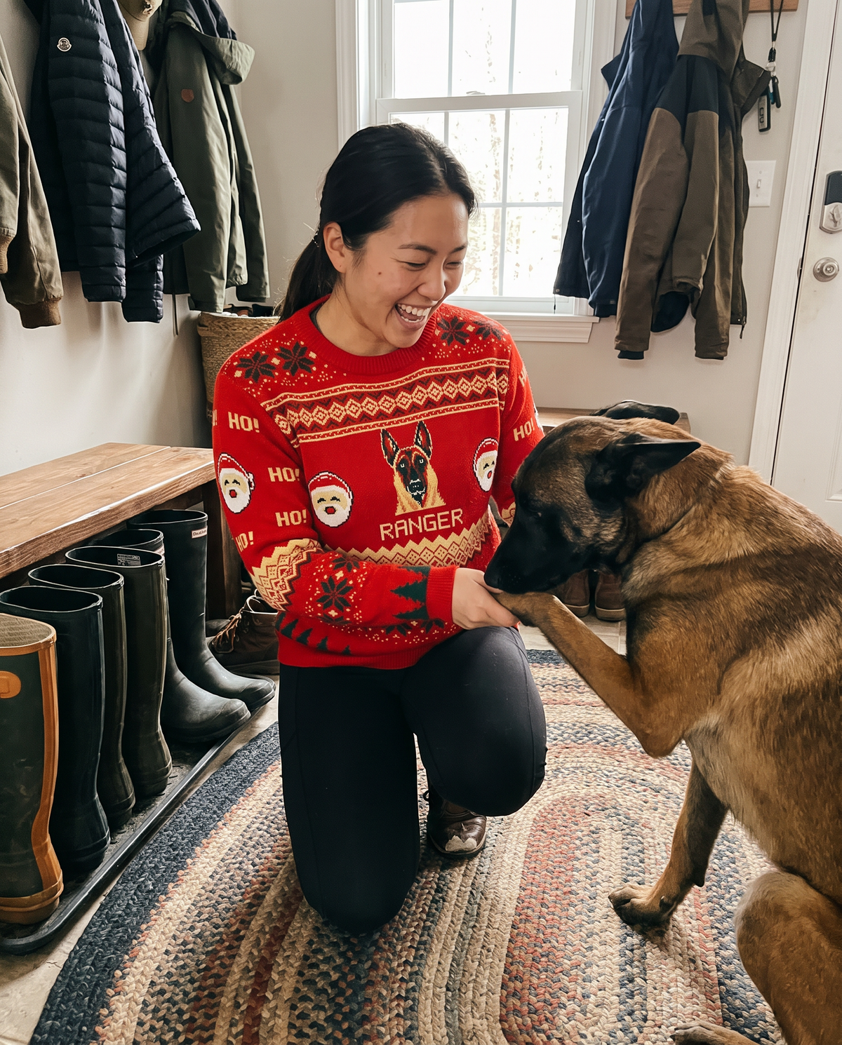 Custom Pet Knitted Holiday Sweater - Santa's Workshop - worn at home with a custom Belgian Malinois portrait named RANGER | Alpha Paw