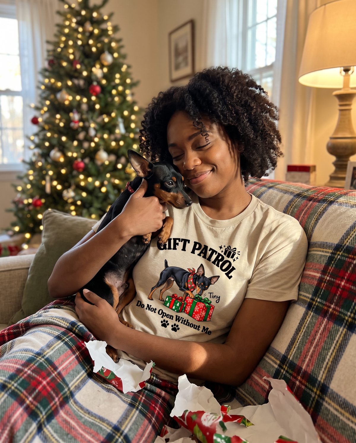Do Not Open Without Me unisex tee in Heather Sand Dune with a custom Miniature Pinscher design | Alpha Paw