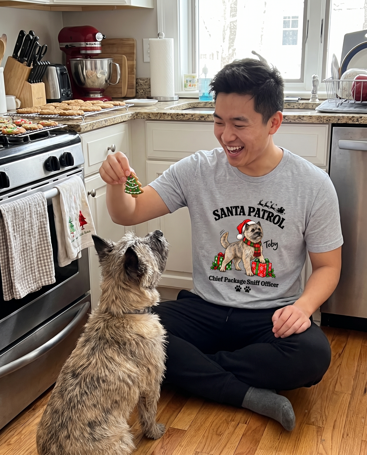 Santa Patrol unisex tee in Athletic Heather with a custom Cairn Terrier design | Alpha Paw