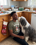 Load image into Gallery viewer, On the Nice List (Maybe) unisex tee in Heather Military Green with a custom Bearded Collie design | Alpha Paw
