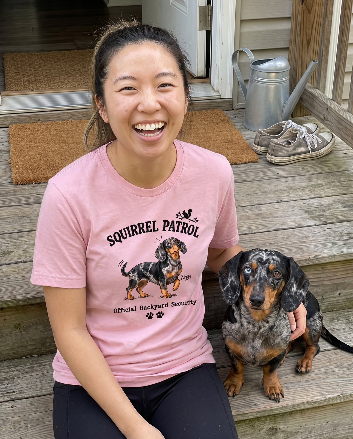 Squirrel Patrol unisex tee in Pink with a custom dachshund design | Alpha Paw