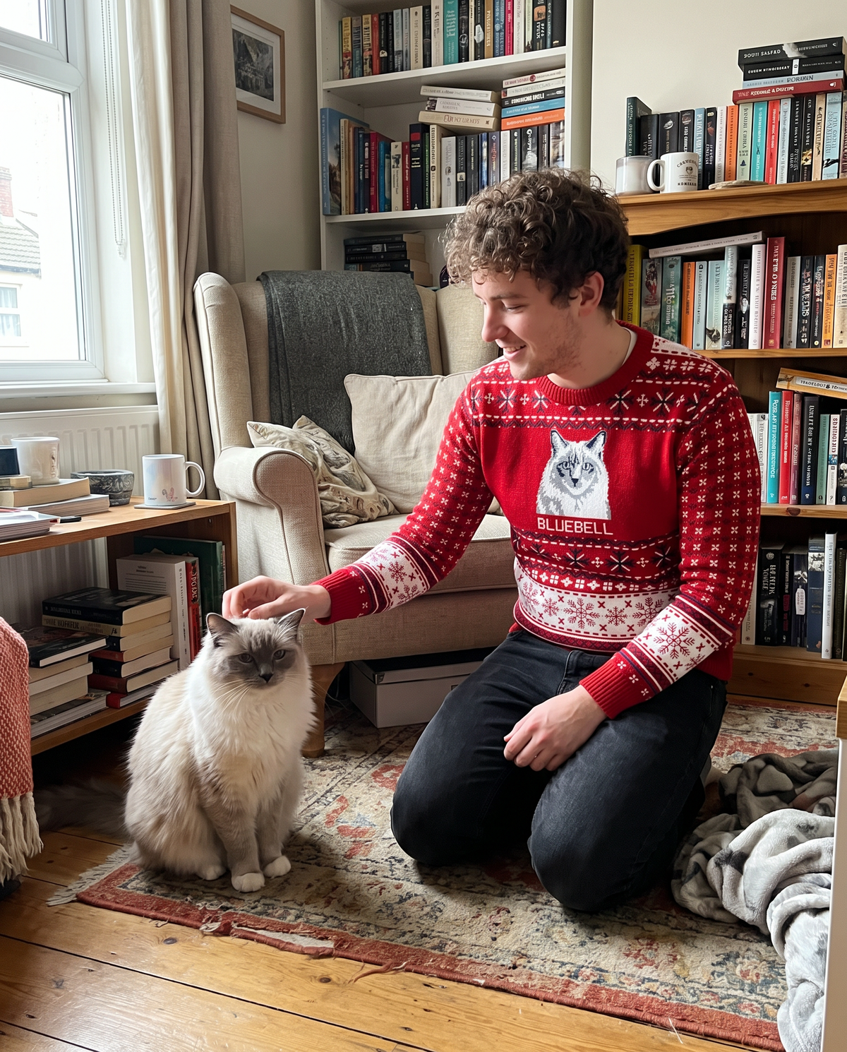 Custom Pet Knitted Holiday Sweater - Candy Cane Red - worn at home with a custom Ragdoll cat portrait named BLUEBELL | Alpha Paw