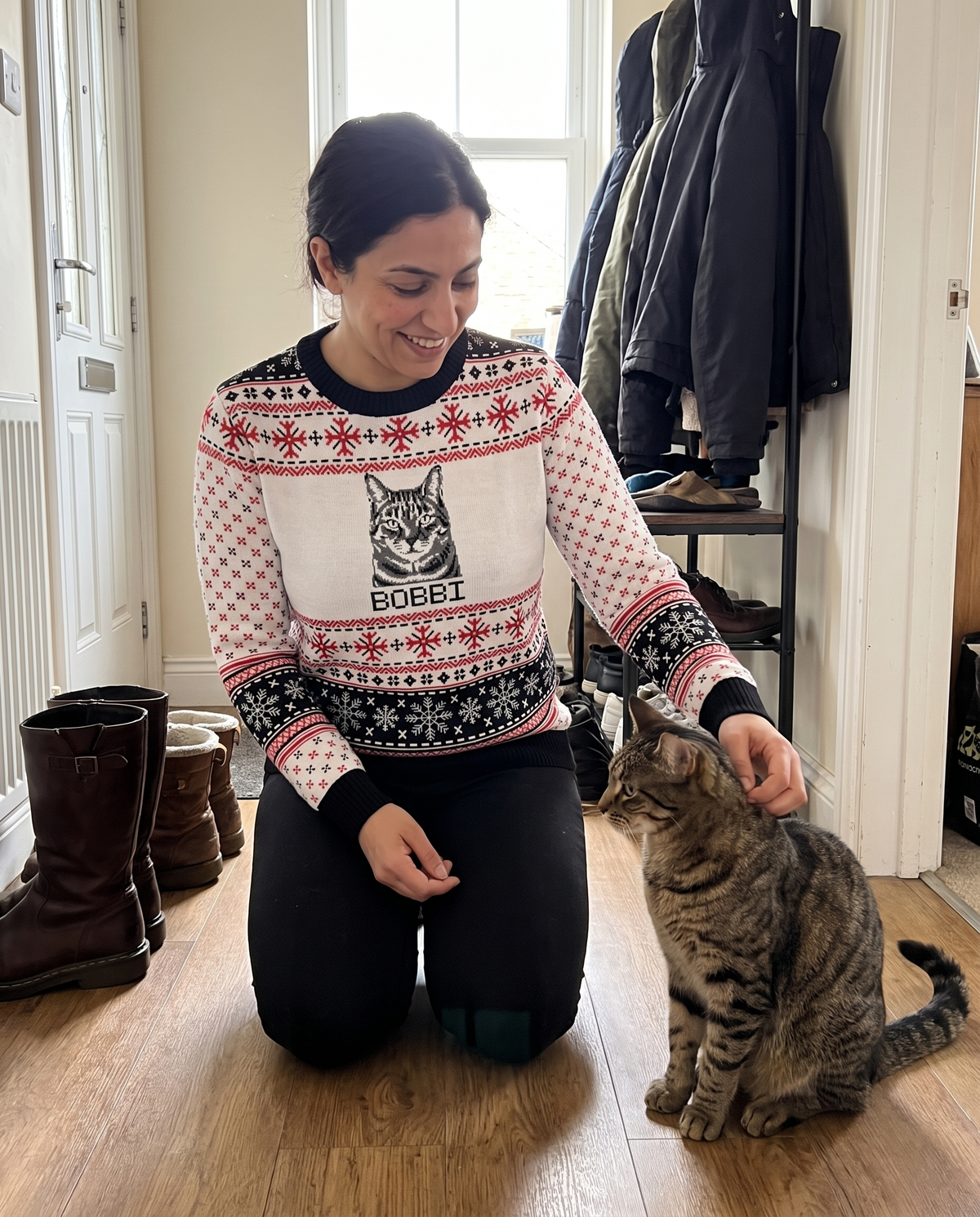Custom Pet Knitted Holiday Sweater - Snow Day White - worn at home with a custom Pixie-Bob cat portrait named BOBBI | Alpha Paw