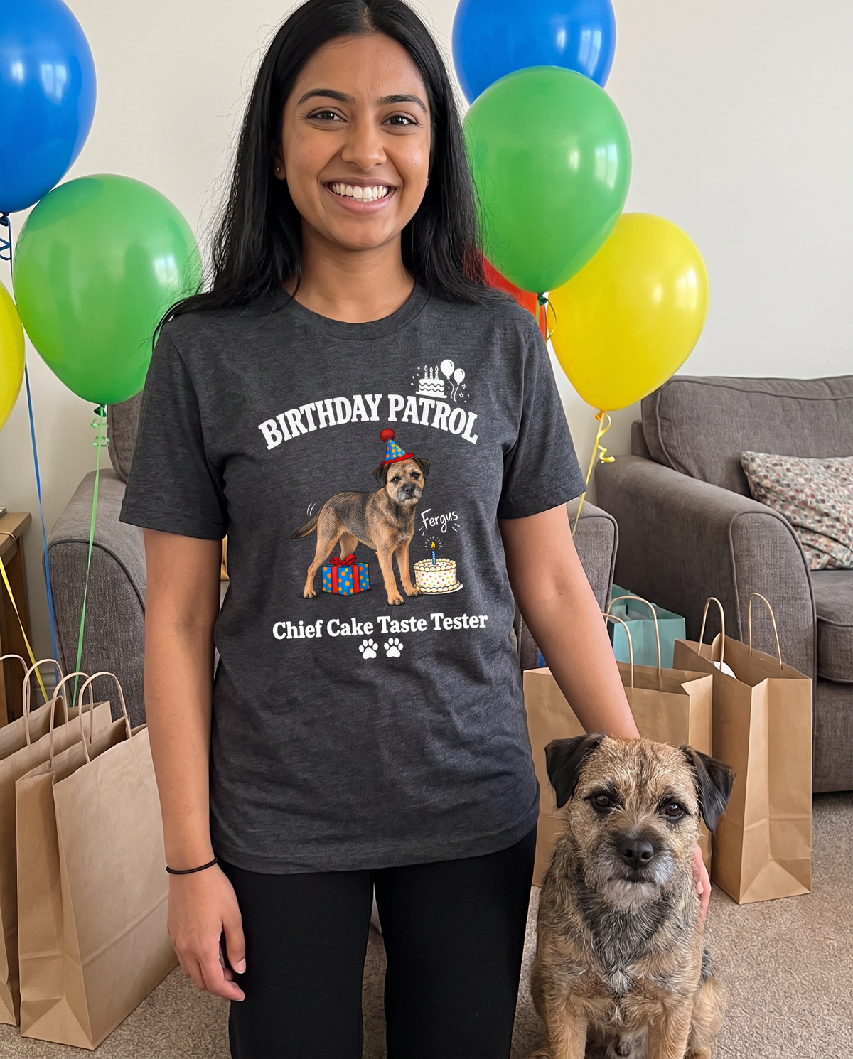 Birthday Patrol unisex tee in Dark Grey Heather with a custom Border Terrier design | Alpha Paw