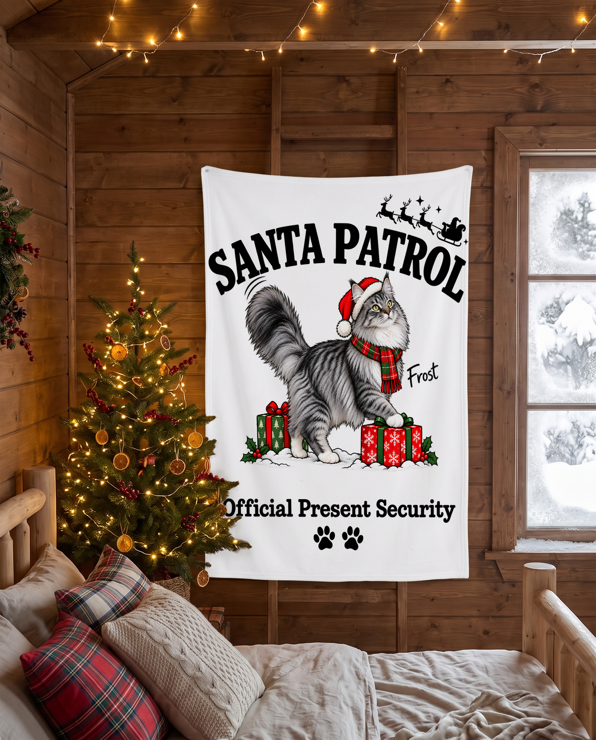 Santa Patrol Present Security blanket with a custom Norwegian Forest cat design | Alpha Paw