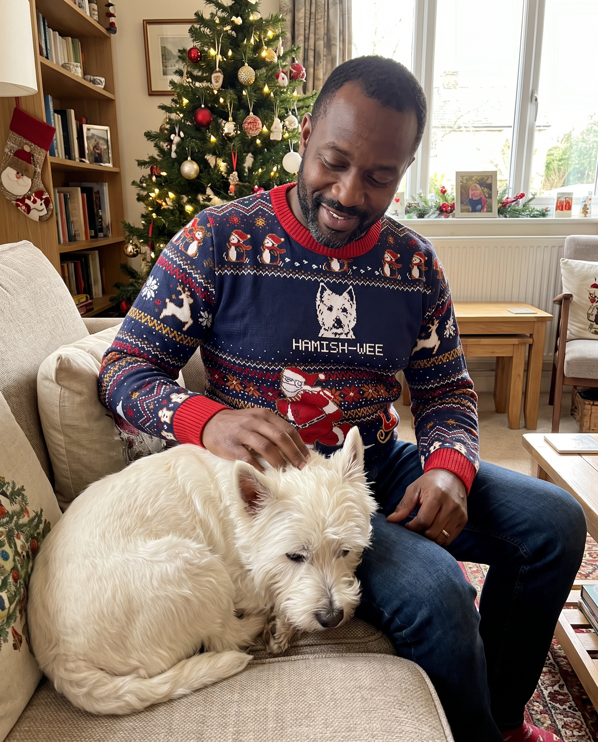 Custom Pet Knitted Holiday Sweater - Santa's Sleigh Blue - worn at home with a custom West Highland Terrier portrait named HAMISH-WEE | Alpha Paw