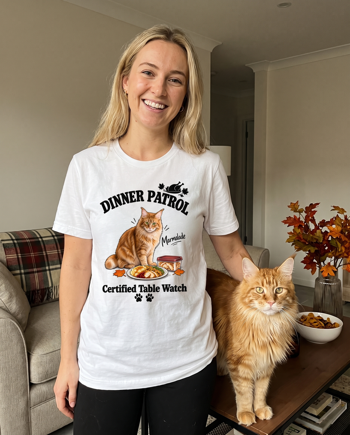 Dinner Patrol unisex tee in White with a custom Maine Coon design | Alpha Paw