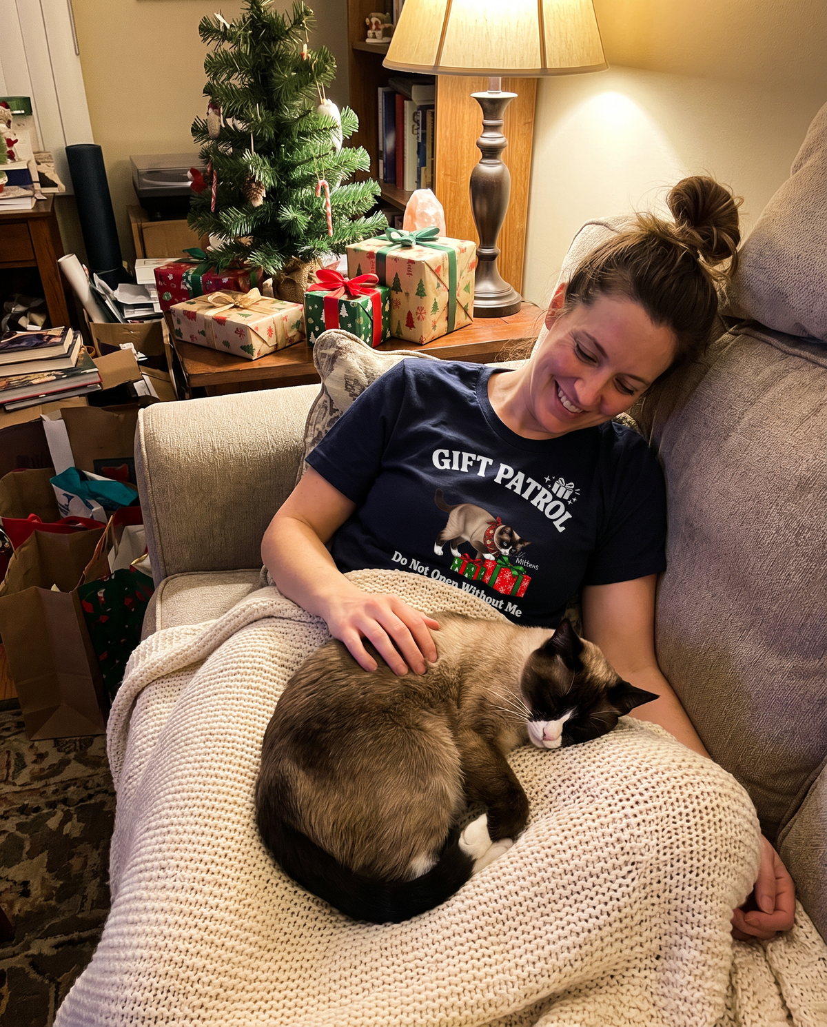 Do Not Open Without Me unisex tee in Navy with a custom Snowshoe cat design | Alpha Paw