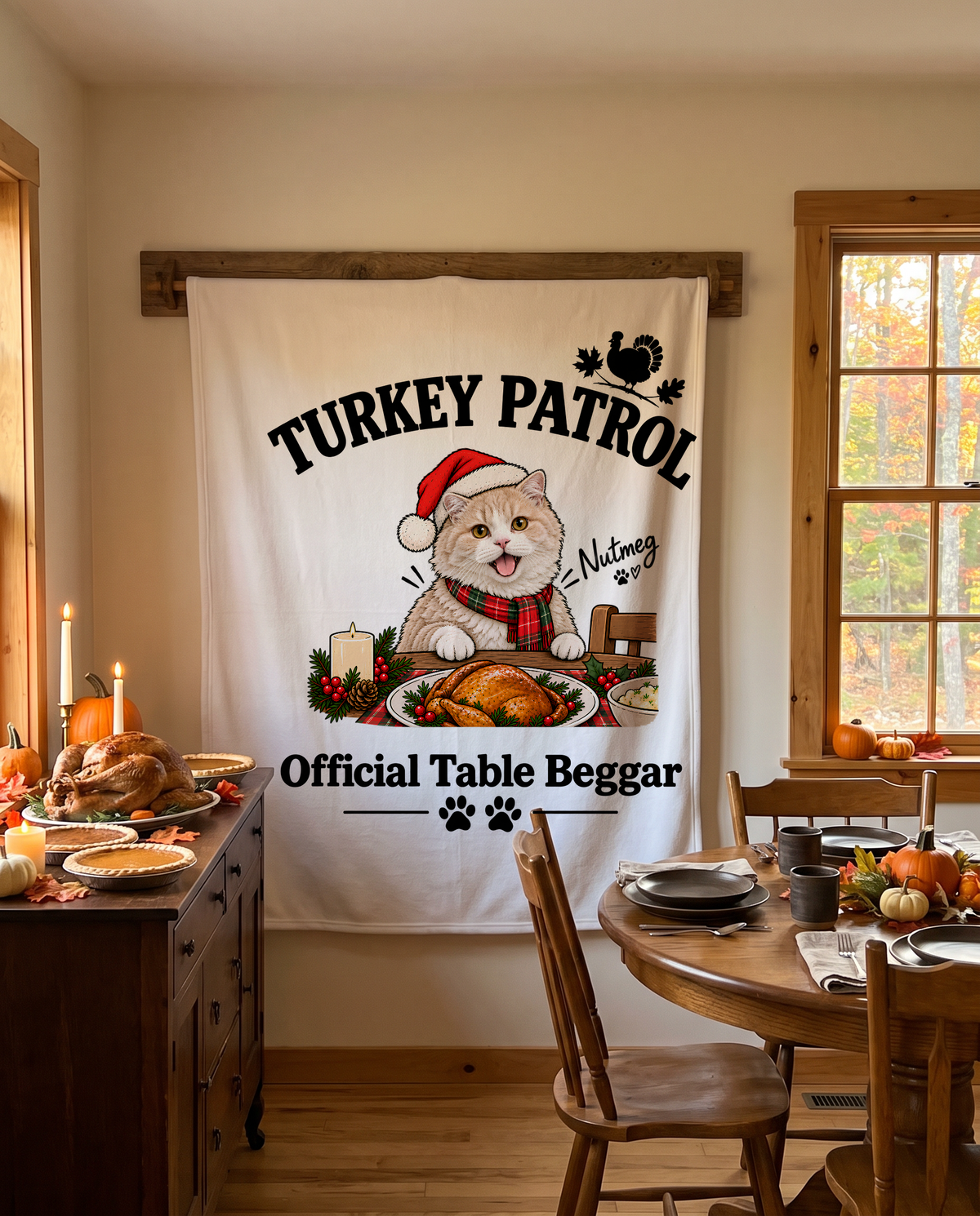 Turkey Patrol Table Beggar blanket with a custom Selkirk Rex cat design | Alpha Paw