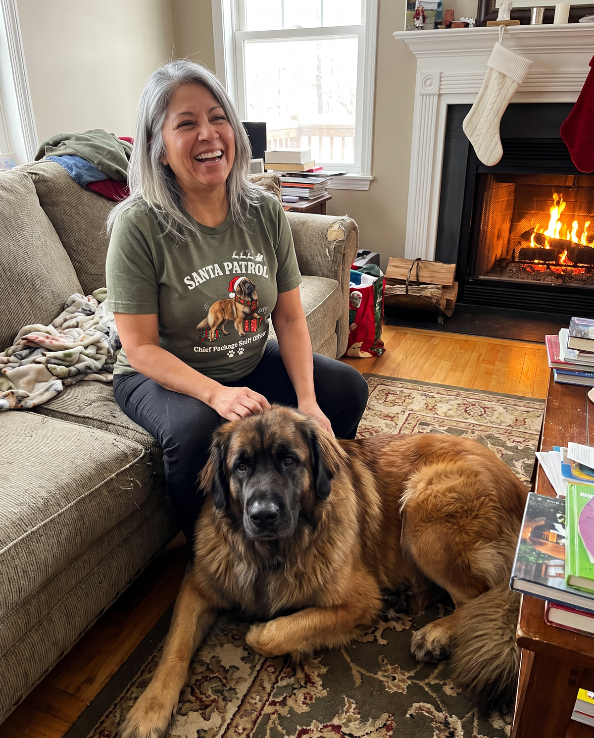 Santa Patrol unisex tee in Heather Military Green with a custom Leonberger design | Alpha Paw