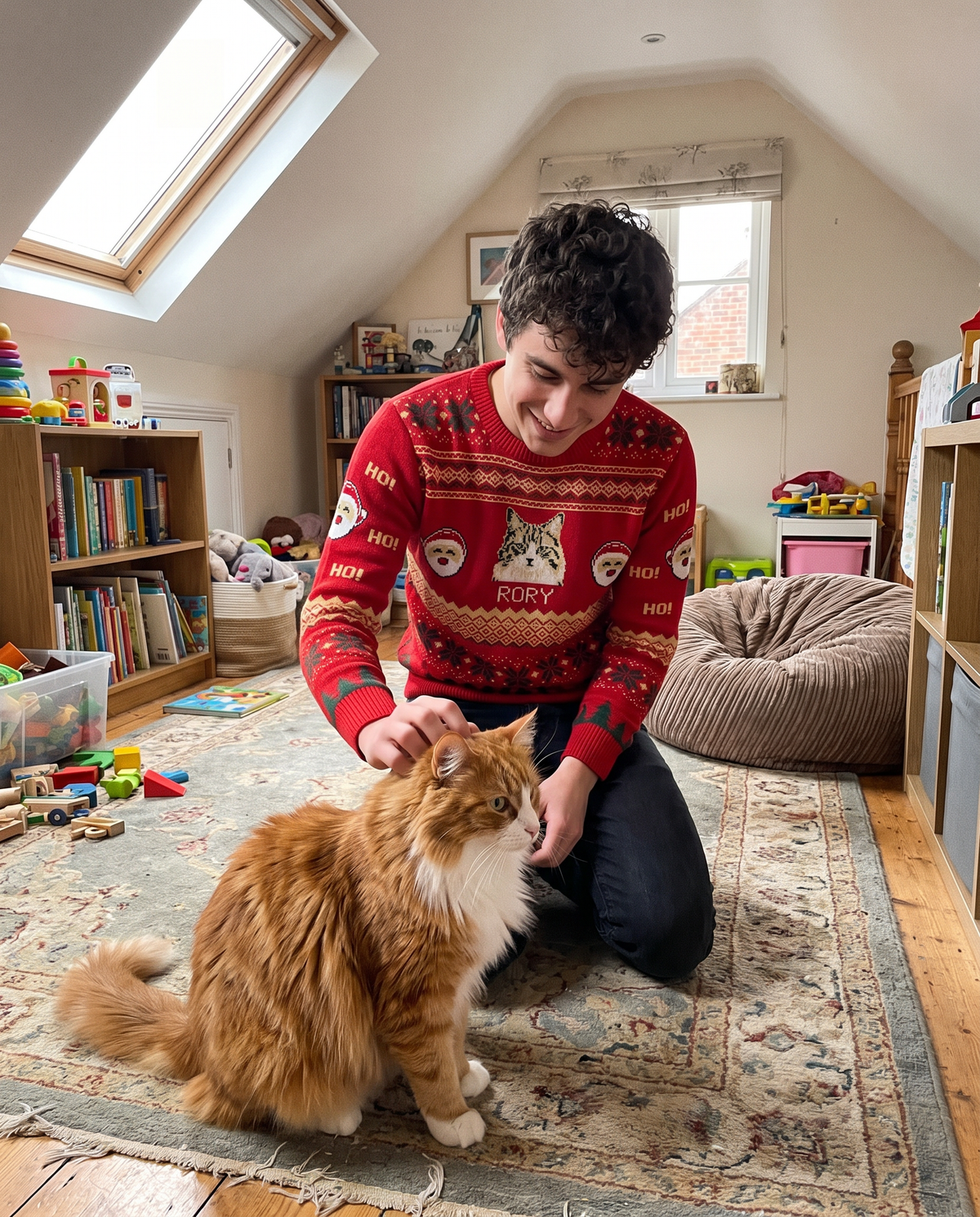 Custom Pet Knitted Holiday Sweater - Santa's Workshop - worn at home with a custom Norwegian Forest cat portrait named RORY | Alpha Paw
