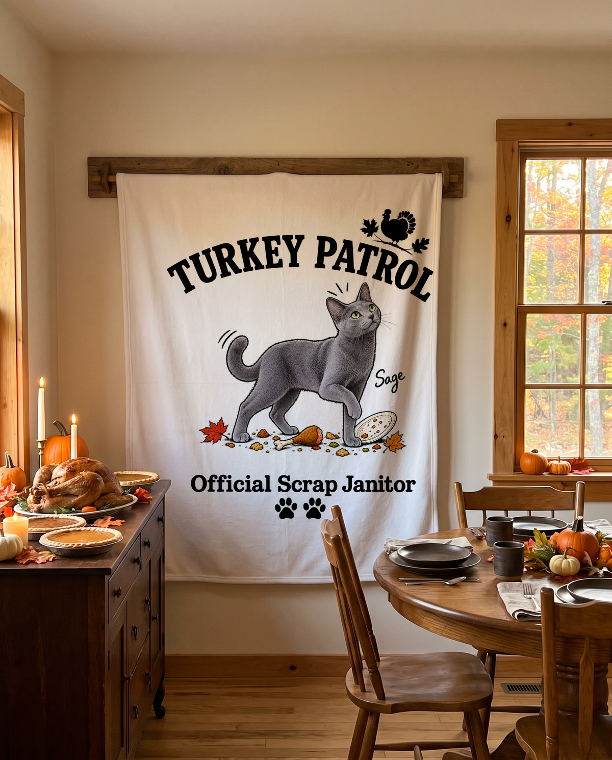 Turkey Patrol Scrap Janitor blanket with a custom Russian Blue cat design | Alpha Paw
