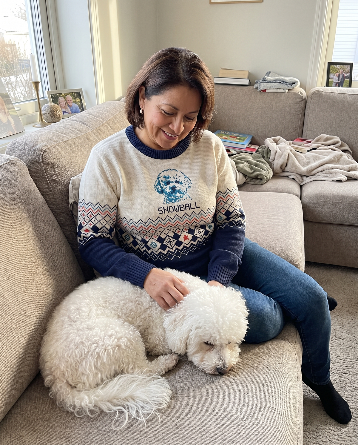 Custom Pet Knitted Holiday Sweater - Arctic Dream Blue - worn at home with a custom Bichon Frise portrait named SNOWBALL | Alpha Paw
