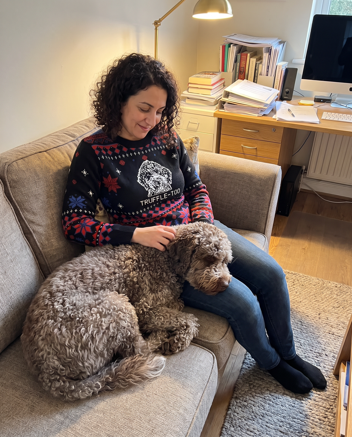 Custom Pet Knitted Holiday Sweater - Night Before Christmas - worn at home with a custom Lagotto Romagnolo portrait named TRUFFLE-TOO | Alpha Paw