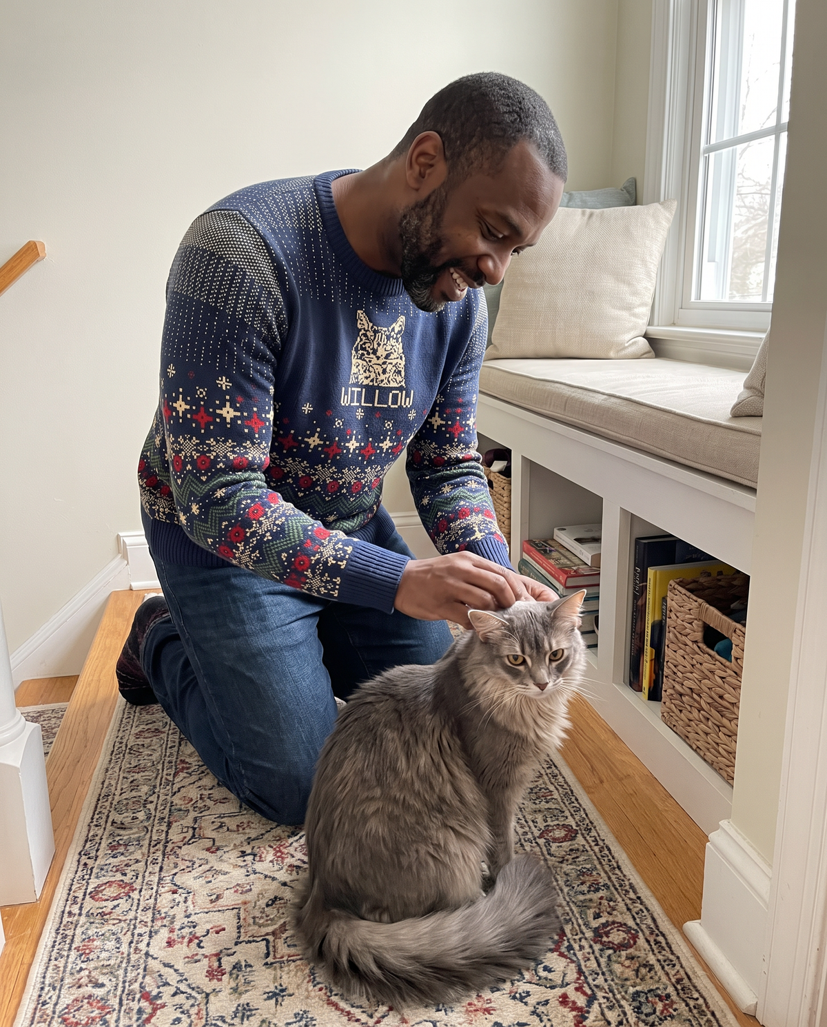 Custom Pet Holiday Sweater - Frosty Morning Blue - worn at home with a custom Somali cat portrait named WILLOW | Alpha Paw