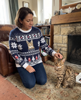 Load image into Gallery viewer, Custom Pet Knitted Holiday Sweater - Snowflake Navy - worn at home with a custom Ocicat portrait named ZIGGY | Alpha Paw
