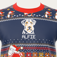 Load image into Gallery viewer, Custom Pet Knitted Holiday Sweater - Santa's Sleigh Blue - close-up of the knitted pet portrait and name ALFIE | Alpha Paw
