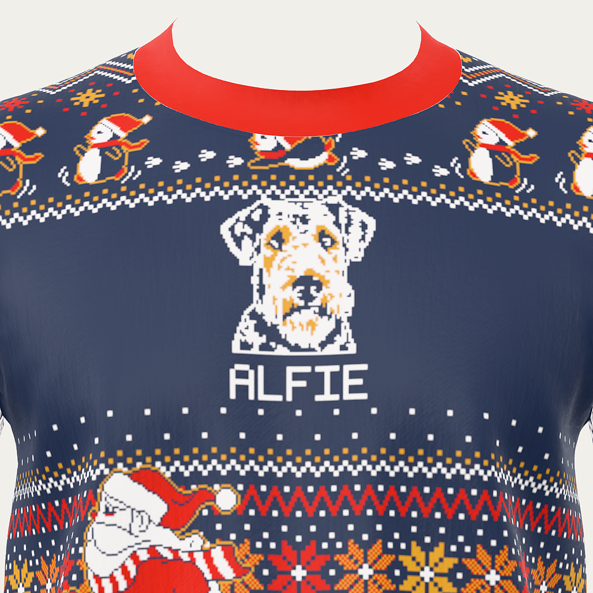 Custom Pet Knitted Holiday Sweater - Santa's Sleigh Blue - close-up of the knitted pet portrait and name ALFIE | Alpha Paw