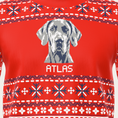 Load image into Gallery viewer, Custom Pet Knitted Holiday Sweater - Candy Cane Red - close-up of the knitted pet portrait and name ATLAS | Alpha Paw
