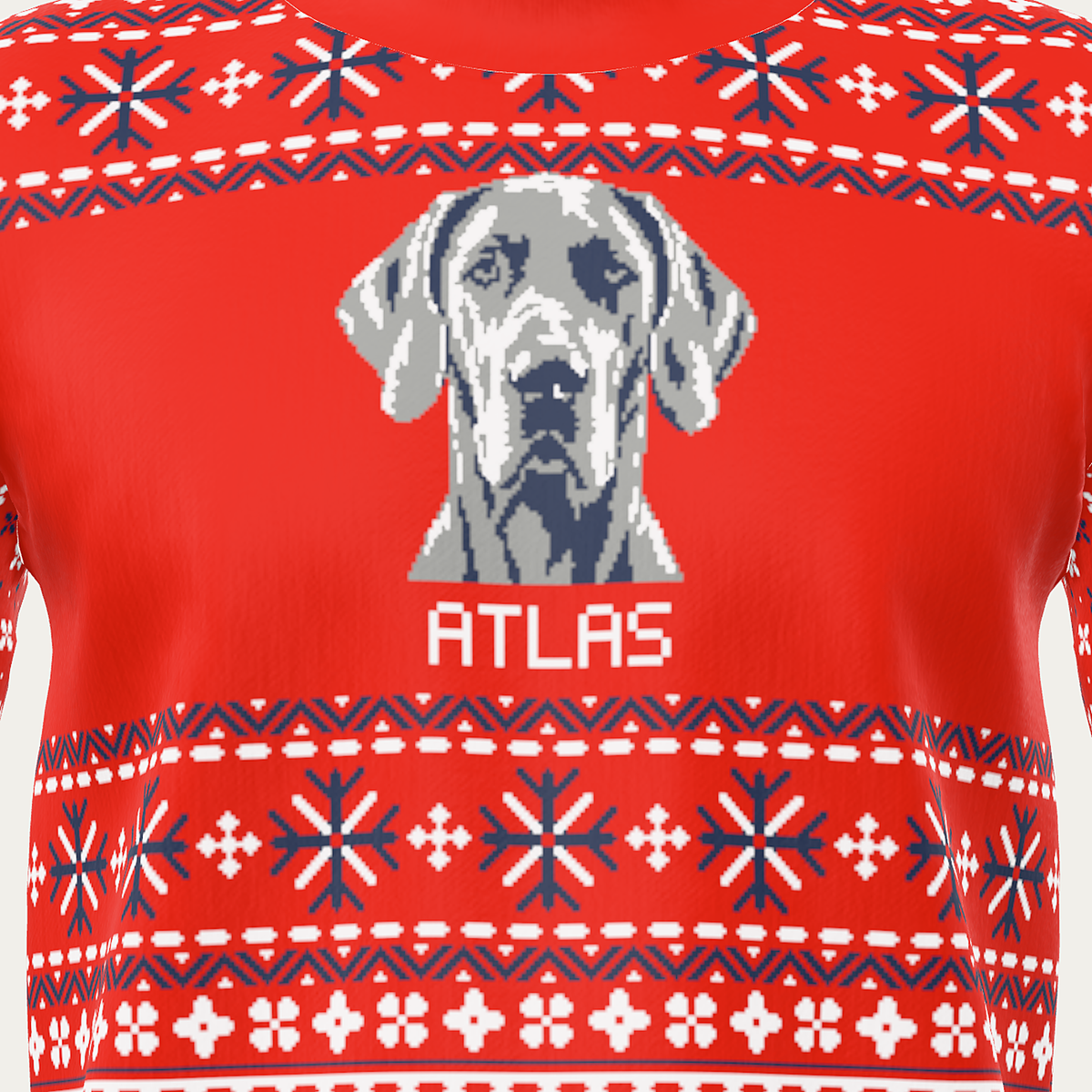 Custom Pet Knitted Holiday Sweater - Candy Cane Red - close-up of the knitted pet portrait and name ATLAS | Alpha Paw