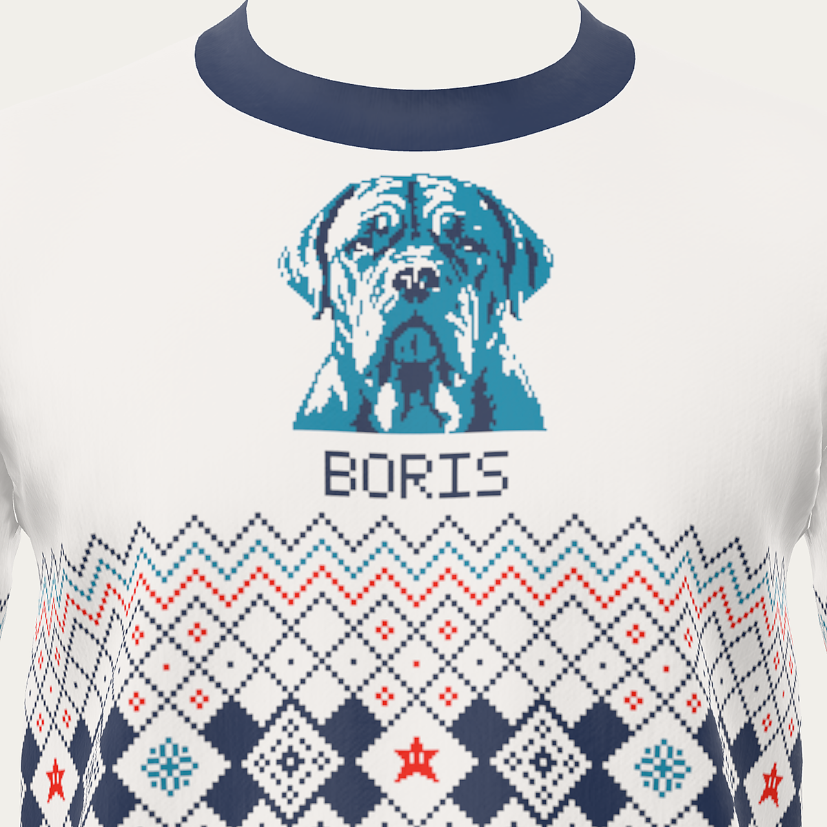 Custom Pet Knitted Holiday Sweater - Arctic Dream Blue - close-up of the knitted pet portrait and name BORIS | Alpha Paw