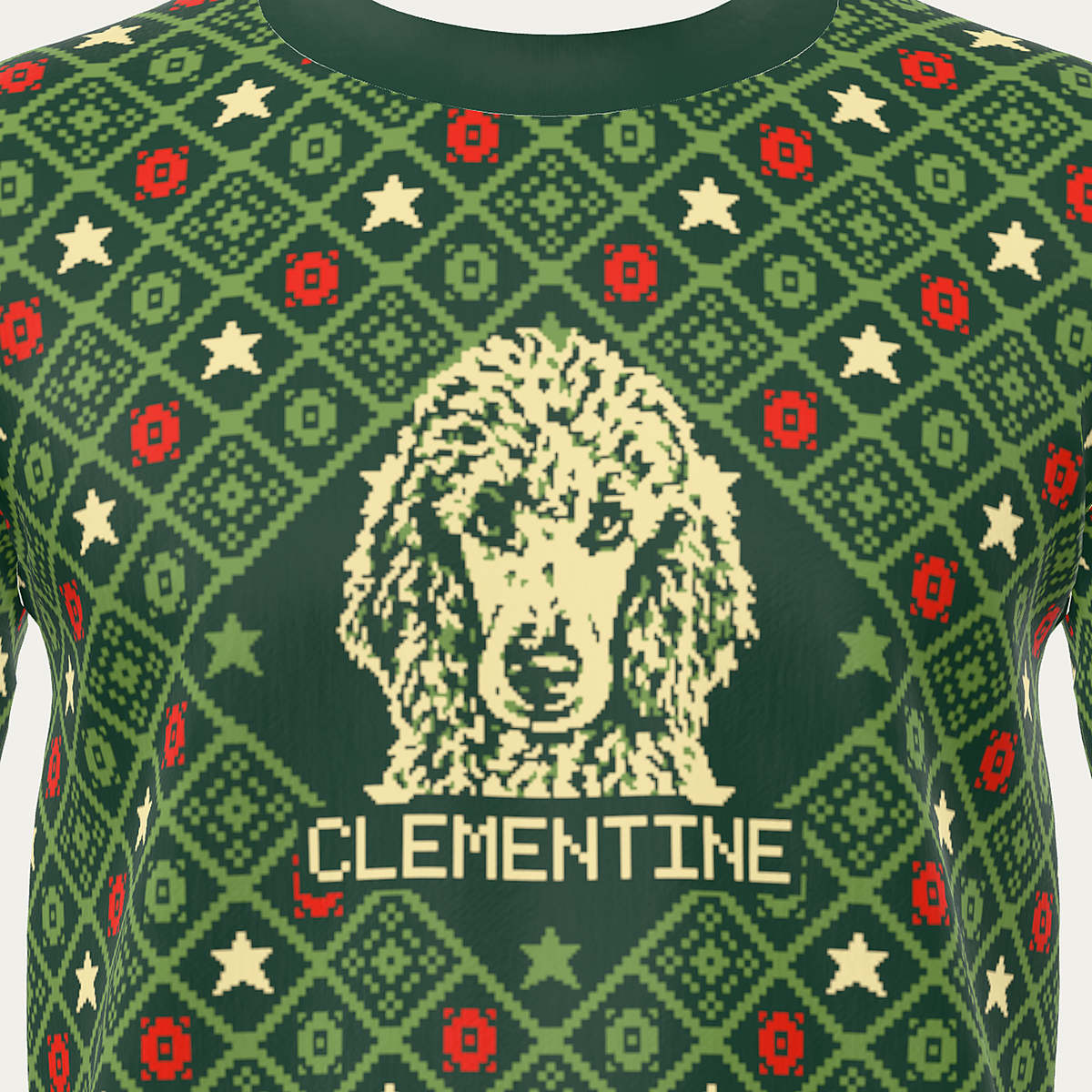 Custom Pet Knitted Holiday Sweater - Evergreen Classic - close-up of the knitted pet portrait and name CLEMENTINE | Alpha Paw