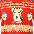 Load image into Gallery viewer, Custom Pet Knitted Holiday Sweater - Santa's Workshop - close-up of the knitted pet portrait and name WINNIE | Alpha Paw
