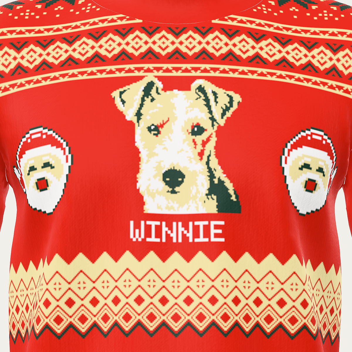 Custom Pet Knitted Holiday Sweater - Santa's Workshop - close-up of the knitted pet portrait and name WINNIE | Alpha Paw