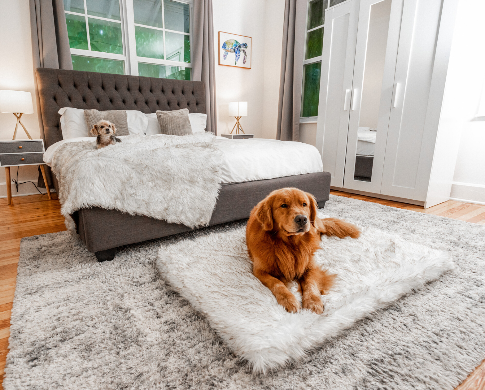 PupRug™ Faux Fur Orthopedic Dog Bed - Rectangle White with Brown Accents