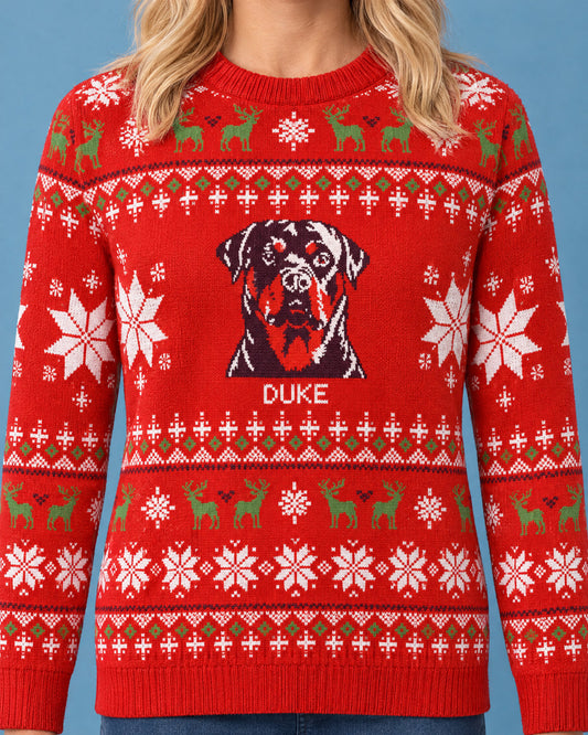 Custom Pet Knitted Holiday Sweater - Fireside Red