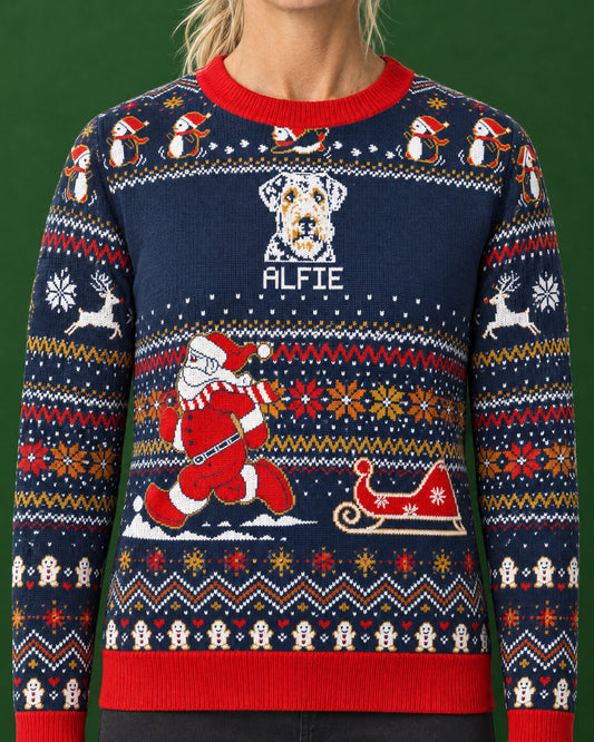 Custom Pet Knitted Holiday Sweater - Santa's Sleigh Blue