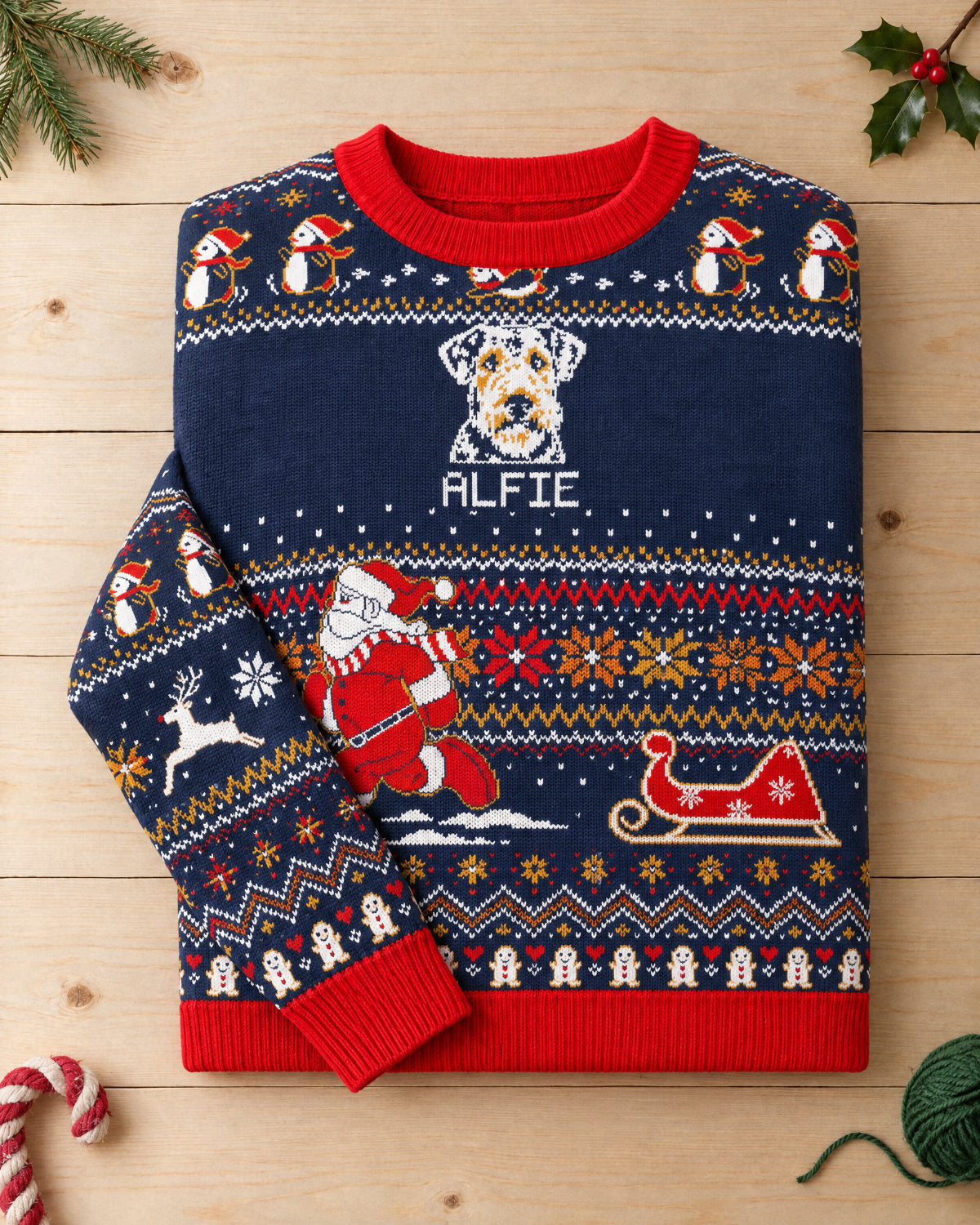 Custom Pet Knitted Holiday Sweater - Santa's Sleigh Blue