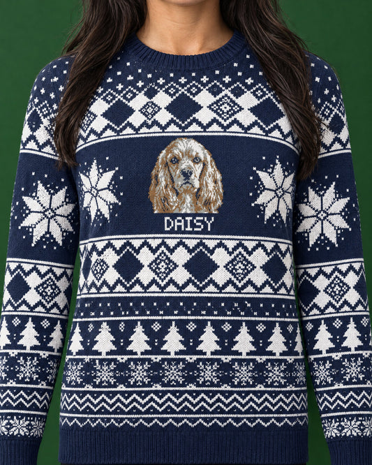 Custom Pet Photo Knitted Holiday Sweater - Winter Sky Blue