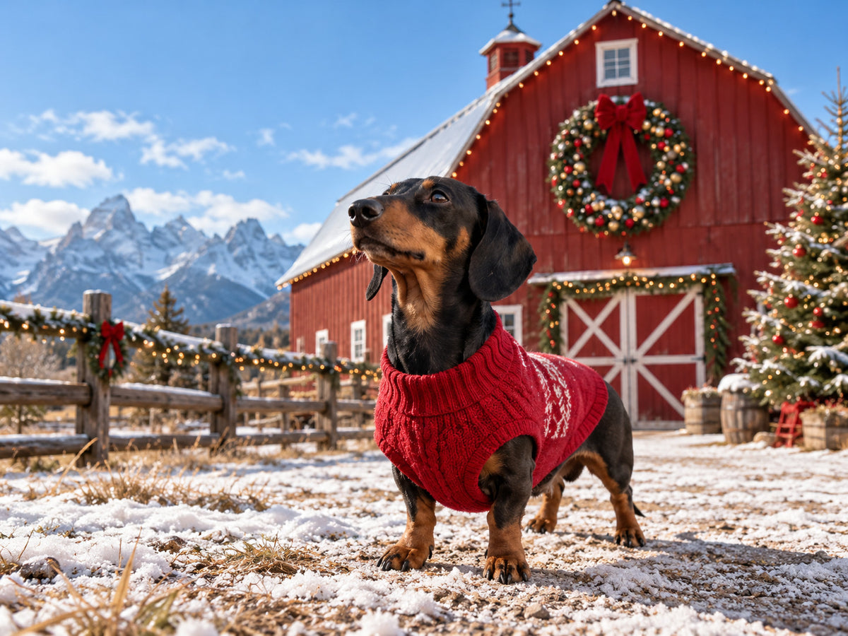 A dachshund on a snowy ranch fence line in the American West.