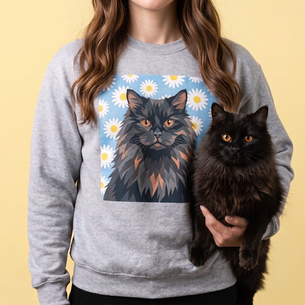 Fluffy black cat on a personalized pet photo crewneck sweatshirt